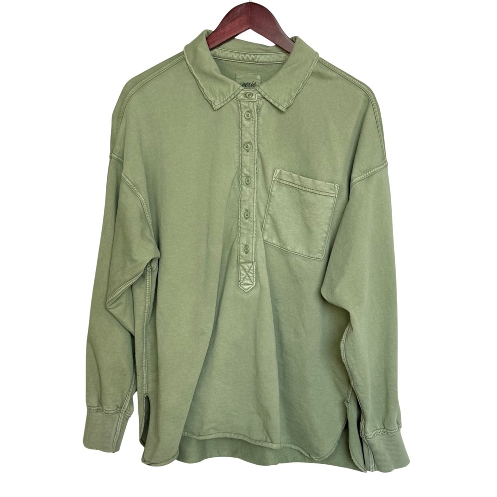 Aerie Green Long Sleeve Polo Sweatshirt Oversized Henley Cotton Top Women's M